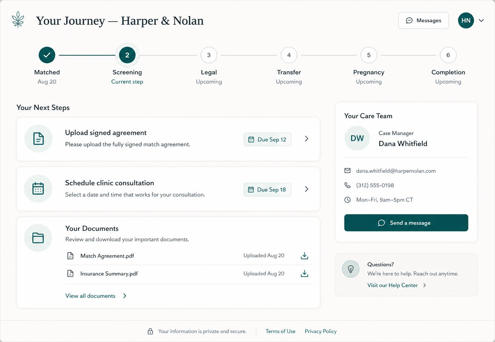 SurroFlow portal view showing journey progress steps, next steps, and documents